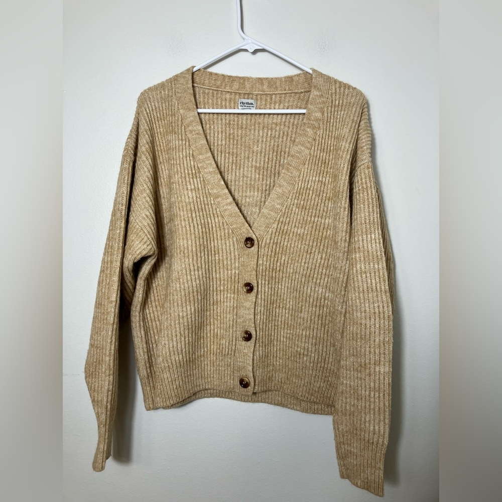 Rhythm Chunky Knit Cardigan Sz‎ Large Tan Button Front Preppy Casual